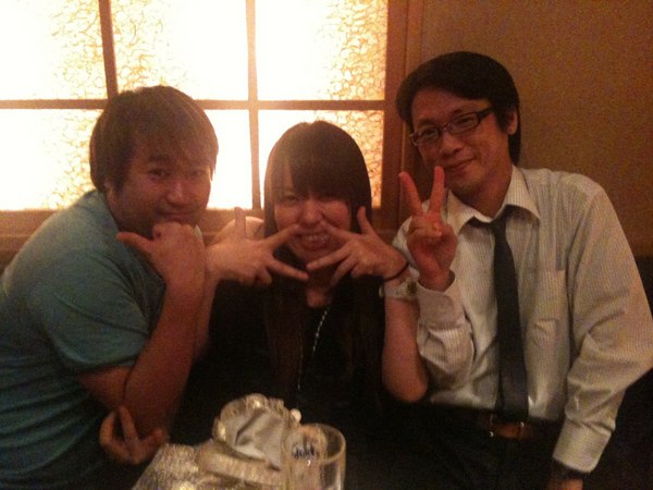 Mari Okada with Yamakan on the right and Hiroki Azuma  on the left BEFORE work on fractale began.